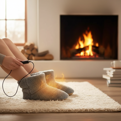 Chaussons chauffants BodyEase branchés à une batterie externe, parfaits pour affronter le froid extérieur.