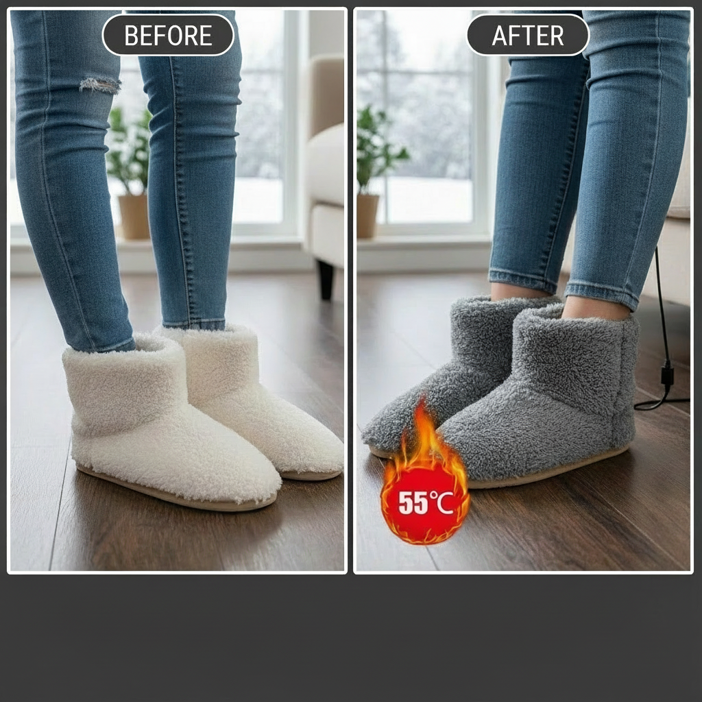 Chaussons chauffants BodyEase portés en extérieur enneigé, diffusant une chaleur réconfortante pour garder les pieds bien au chaud.