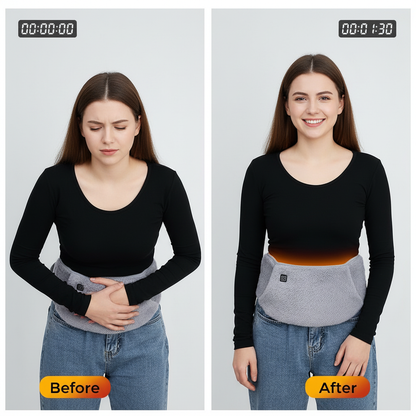 Ceinture chauffante douce et ergonomique posée sur une table en bois dans un salon chaleureux, idéale pour apaiser les tensions musculaires et favoriser le bien-être au quotidien.