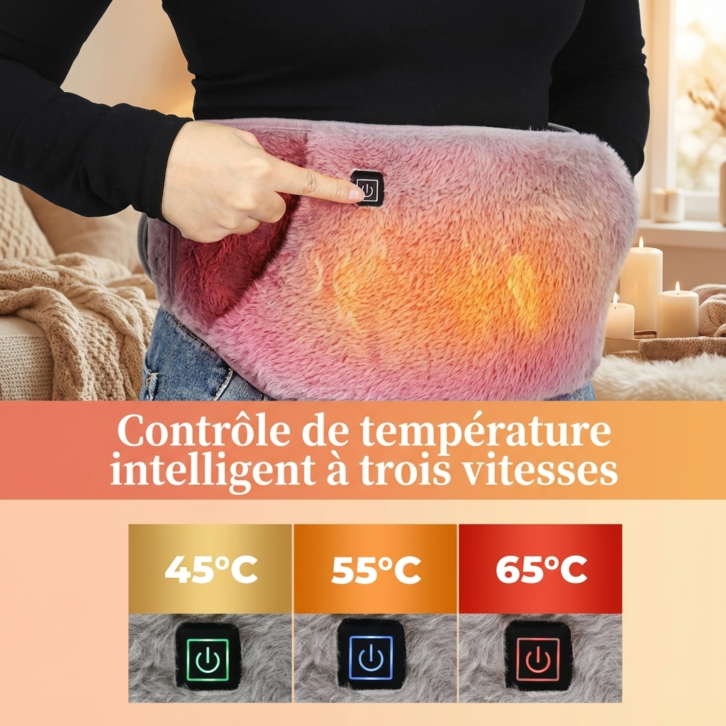 Ceinture chauffante douce et ergonomique posée sur une table en bois dans un salon chaleureux, idéale pour apaiser les tensions musculaires et favoriser le bien-être au quotidien. BodyEase