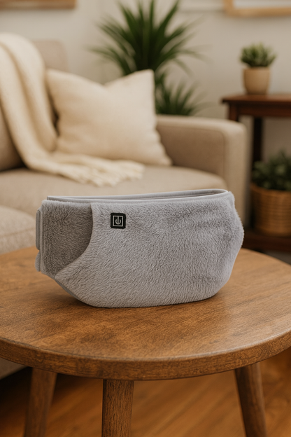 Ceinture chauffante au design épuré et tissu doux, installée dans un intérieur cosy favorisant la relaxation.
