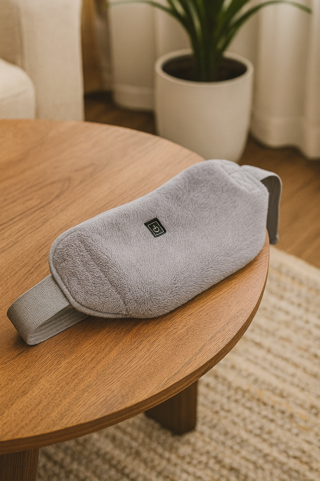 Ceinture chauffante au toucher doux posée dans un salon lumineux, conçue pour améliorer le confort et le bien-être.
