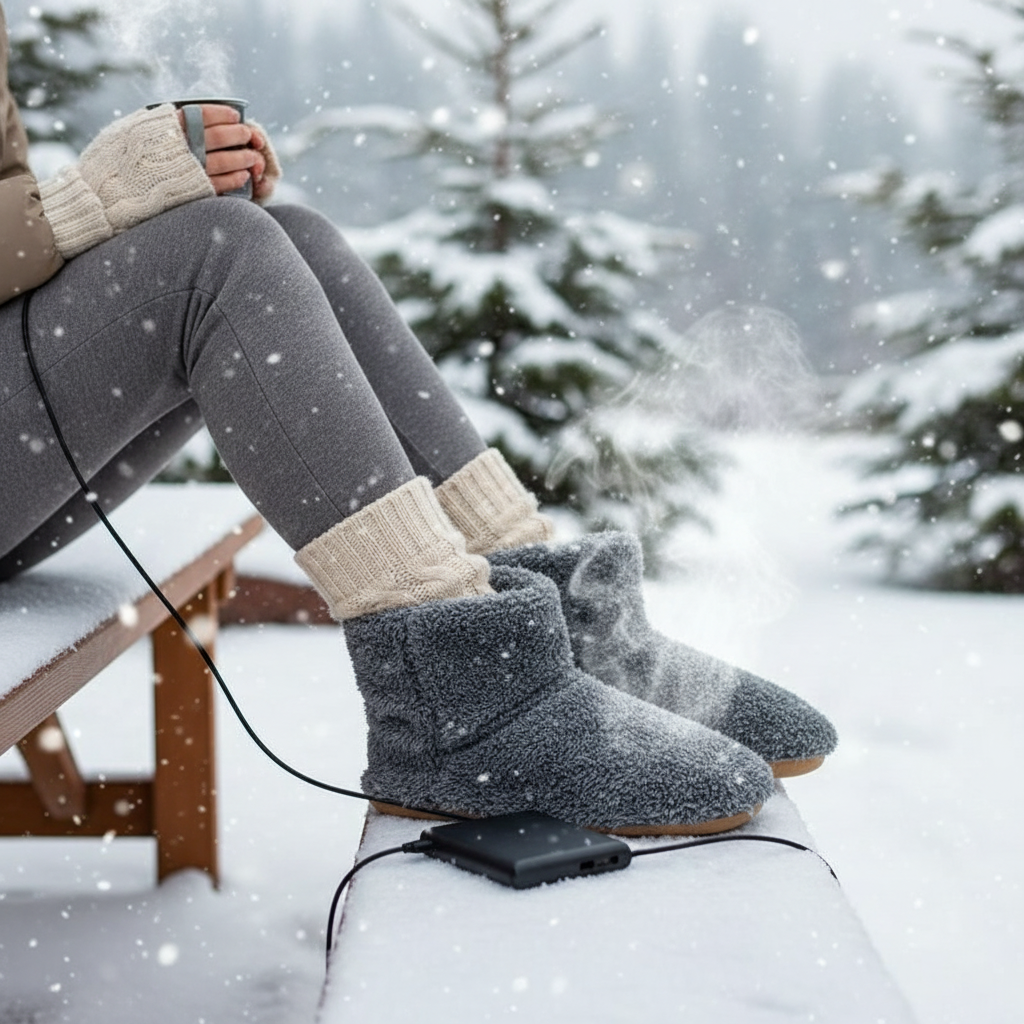 Chaussons chauffants BodyEase portés en extérieur enneigé, diffusant une chaleur réconfortante pour garder les pieds bien au chaud.